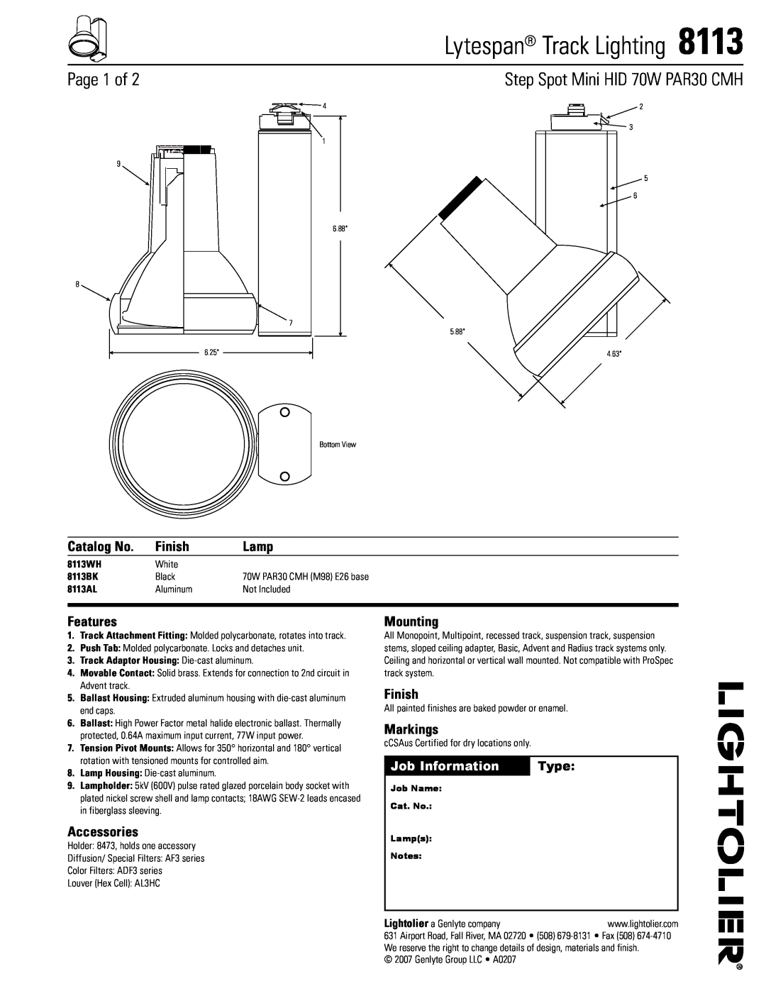 Lightolier 8113 manual Page of, Step Spot Mini HID 70W PAR30 CMH, Catalog No, Finish, Lamp, Features, Accessories, Type 